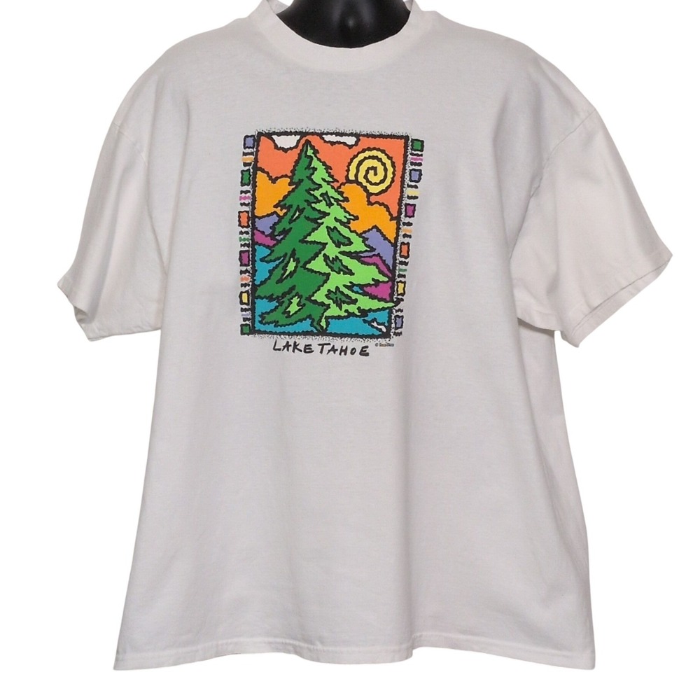 Vintage Hanes Beefy-T Lake Tahoe Graphic Tee White XXL Pine Tree Mountain Sunset